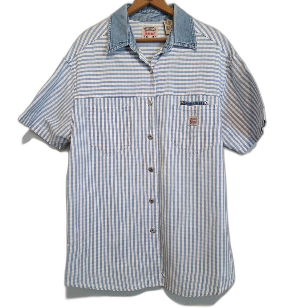 VTG Kikomo Retro Denim Shirt Gingham Short Sleeve Y2K Cotton Large